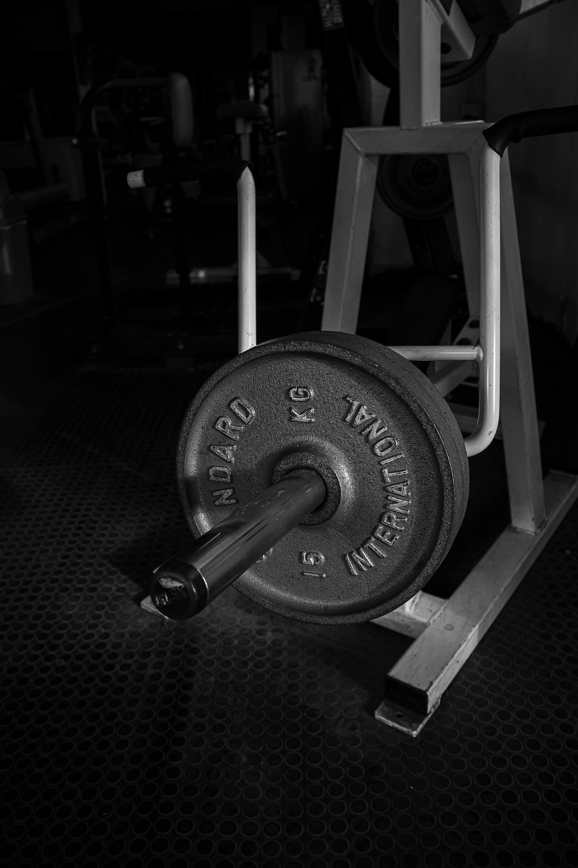 Weight lifting area with barbells and plates